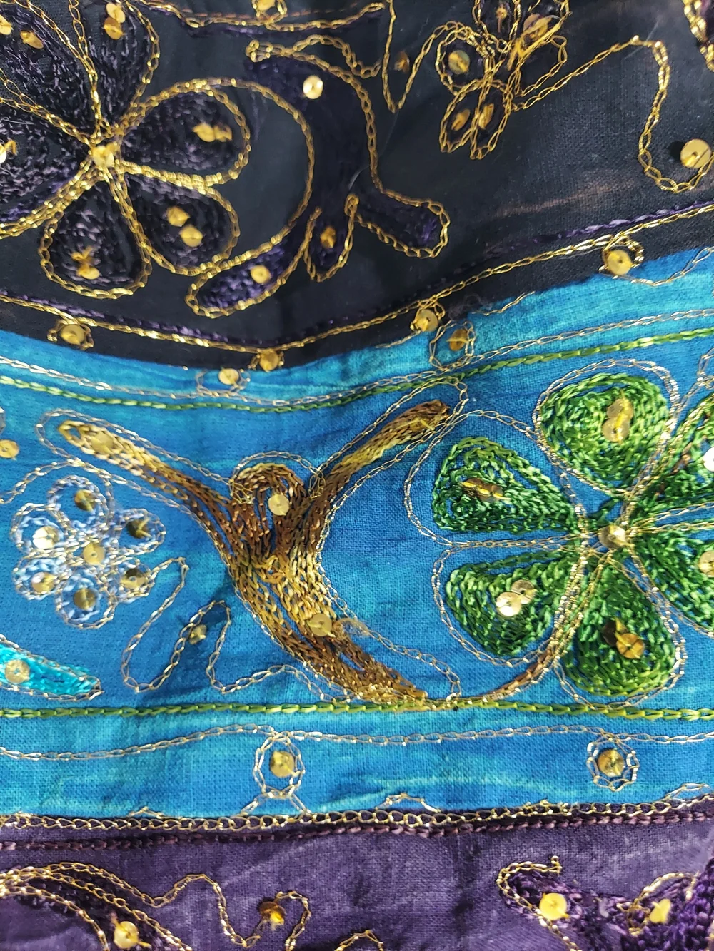 Embroidered Multicolor Hobo Bag - Blue, Purple, Black